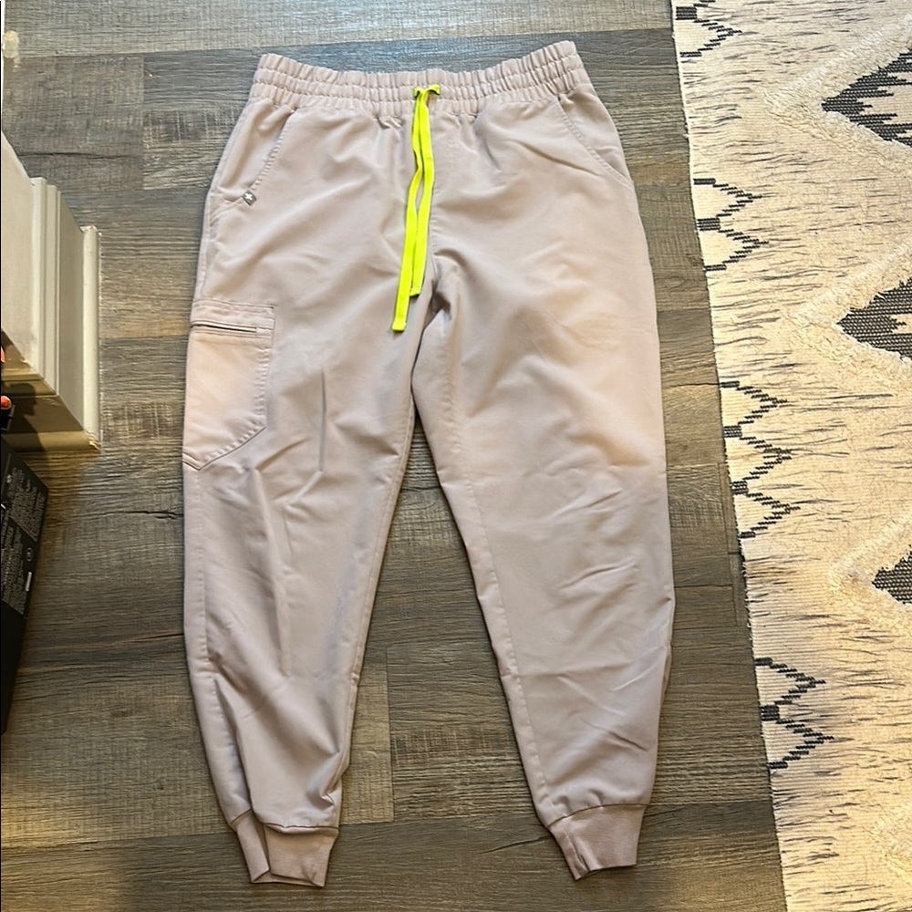 Women's Beige Jogger Pants with Neon Yellow Drawstring